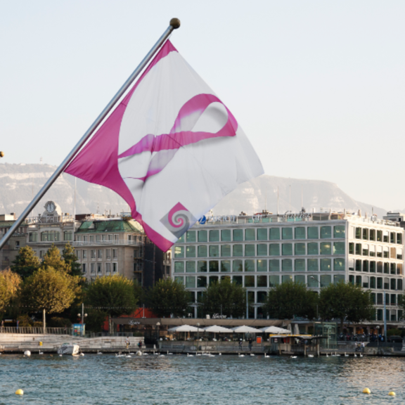 Drapeau avec le ruban rose de la sensibilisation au cancer du sein à Genève